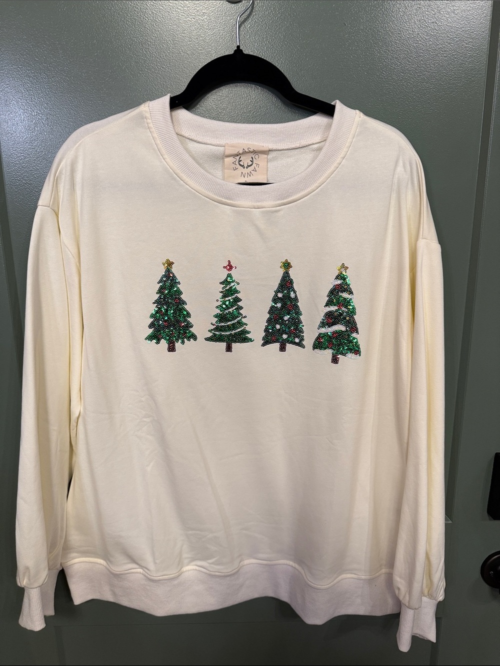 NEW Fantastic Fawn Cream Sequin Christmas Tree Pullover